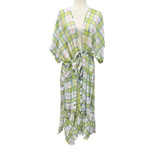 Torrid Cinch Waist Kimono Duster Chiffon Plaid Size 3 3X Yellow Blue Cottagecore